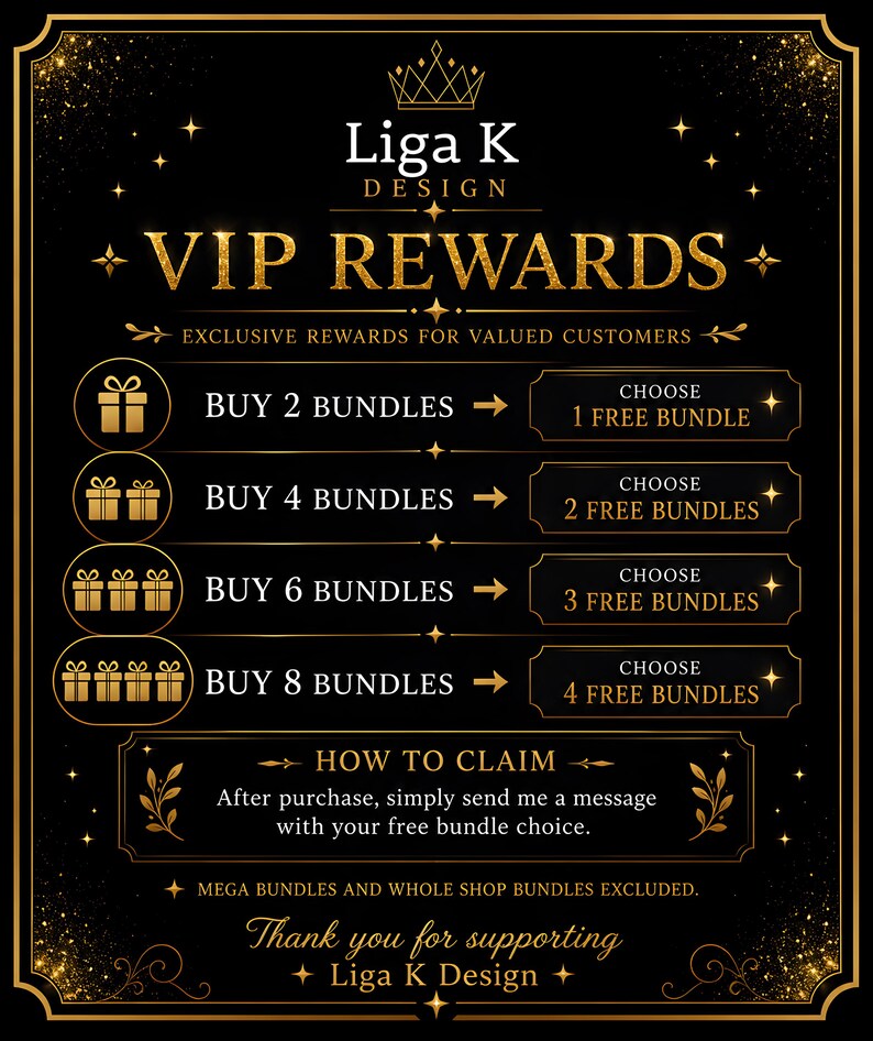 K&ouml;nnte beinhalten: Ein schwarz-goldenes Grafikschild mit dem Titel Liga K Design VIP Rewards. Es listet B&uuml;ndel-Kaufstufen von 2 bis 8 auf, die 1 bis 4 kostenlose B&uuml;ndel bieten. Enth&auml;lt Anweisungen zur Nachrichtensendung und den Hinweis, dass Mega-B&uuml;ndel ausgeschlossen sind.