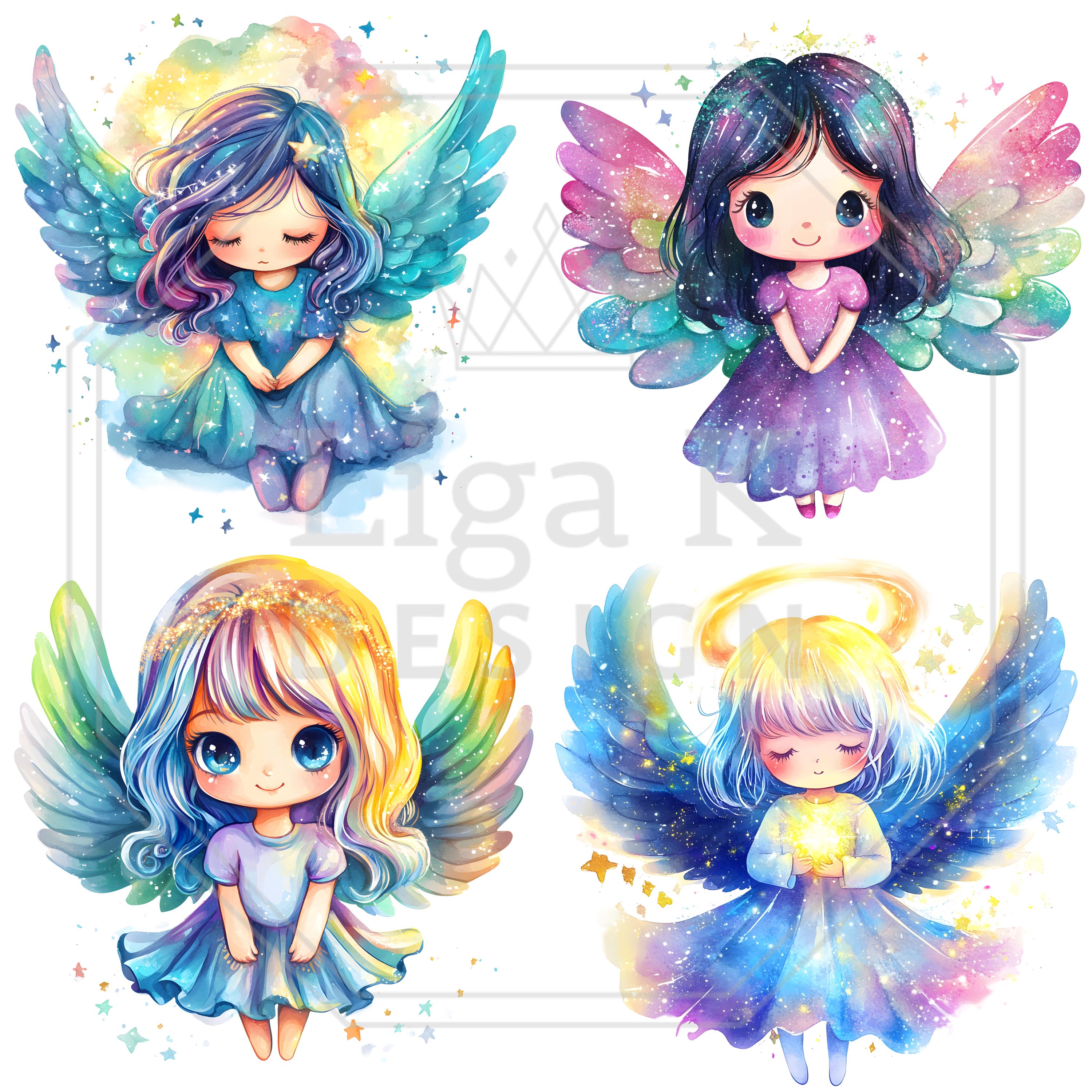Galaxy Chibi Angel Clipart Bundle | Cute Pastel Baby Angels PNG ...
