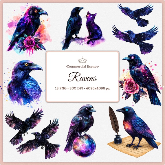 Mystical Raven Clipart Bundle: Witchy Gothic Crow PNG (Commercial Use, Digital Download)