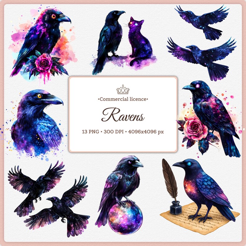 Pu&ograve; includere: Una collezione digitale di illustrazioni di corvi in stile acquerello con motivi galattici in tonalit&agrave; viola, blu e rosa. Il set include varie pose di corvi, un gatto, rose, una sfera di cristallo e un calamaio con penna su pergamena.