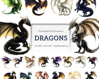 Dark Fantasy Dragon Clipart | Watercolor Sublimation PNG Bundle | Mythical Creature Art for D&D, Bookish Designs 4K Prints