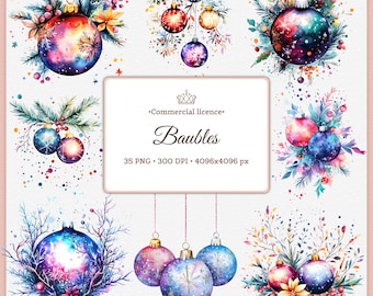 Aquarell Christbaumschmuck Clipart Bundle: Galaxy Kugeln, kommerzielle Nutzung (4k PNG Digital Download