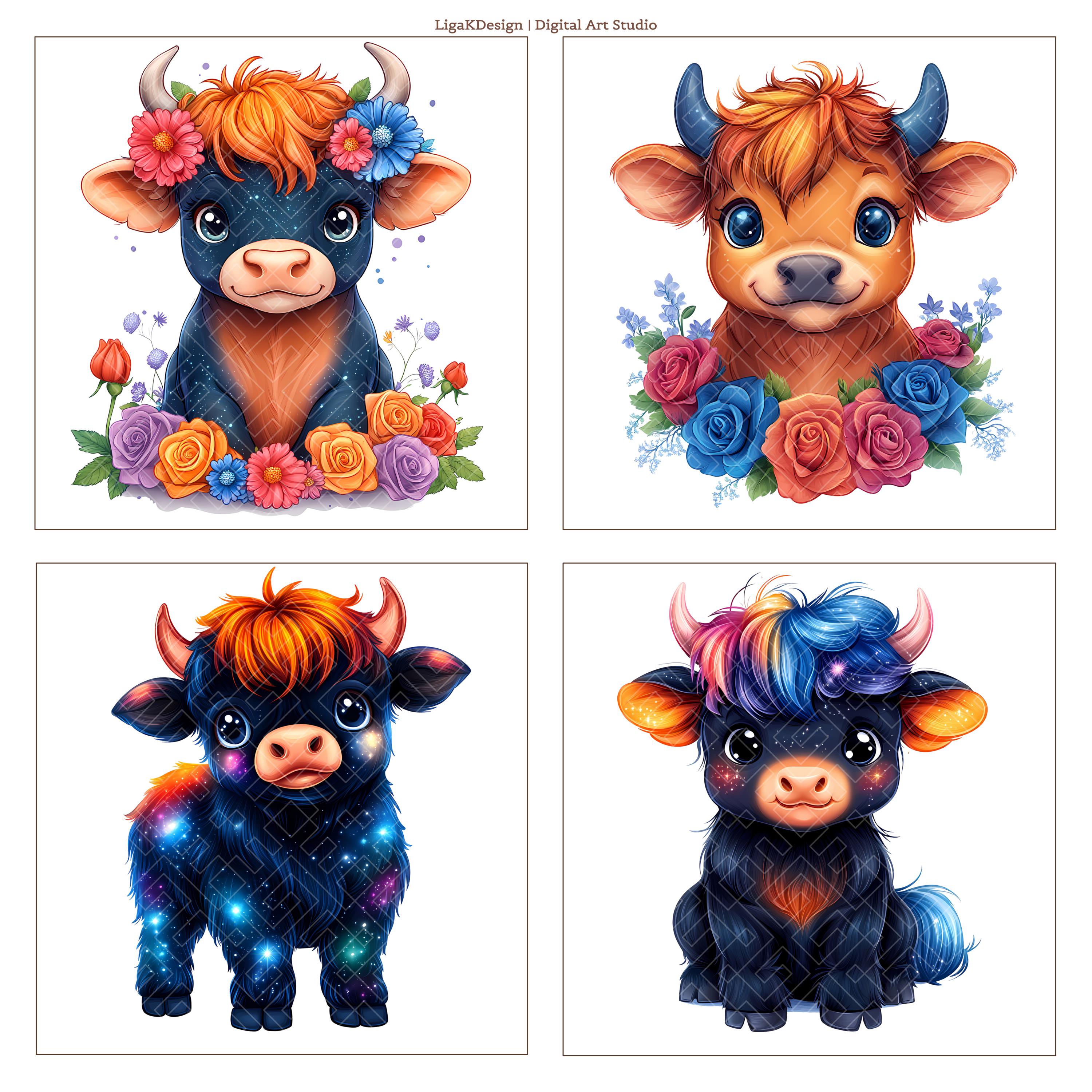 Kawaii Highland Cow Baby Clipart PNG Pack Chibi Fantasy Calf Clip Art ...