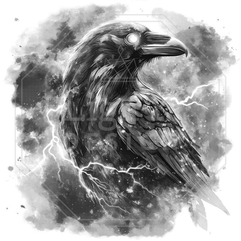 May include: A grayscale illustration of a raven with glowing eyes, set against a backdrop of storm clouds and lightning. The raven is detailed with textured feathers and a sharp beak, creating a dramatic and mystical aesthetic.