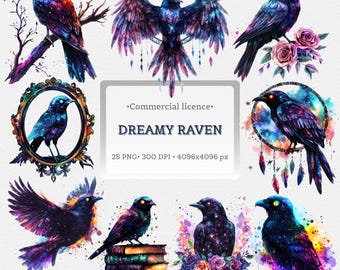 Sublimatie clipart dromerige raaf | Mystic Crow PNG-bundel | Aquarel heksenvogelkunst |   Dark Academia Bird 4k
