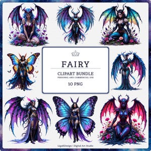 May include: A digital clipart bundle featuring ten PNG images of fantasy fairies with wings. The fairies are depicted in various poses and outfits, with a color palette of blues, purples, and pinks. The text "FAIRY CLIPART BUNDLE" is also visible.