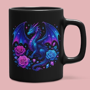 May include: A black ceramic mug featuring a vibrant graphic of a blue and purple dragon with expansive wings. The design includes two pink roses, one blue rose, and several scattered geometric crystals against a dark, starry background.