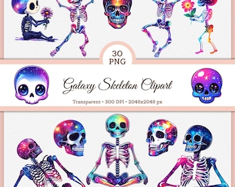Galaxy Skelett Clipart, Kawaii Chibi Halloween Skelette Digitale PNG, schrullig gruseligen Design Regenbogen Farbverlauf Schädel Horror Grafiken Kunst