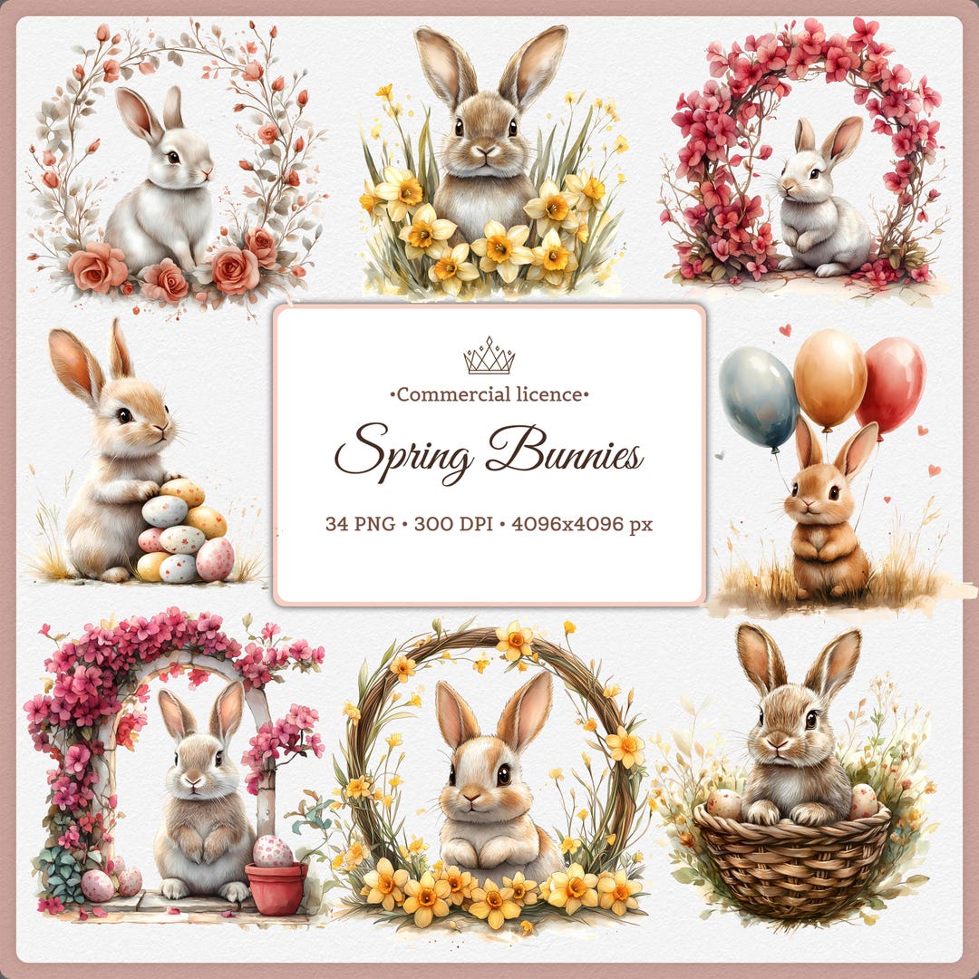 Watercolor Rabbit Floral Clipart, Cute Bunny Floral Clip Art, Floral ...
