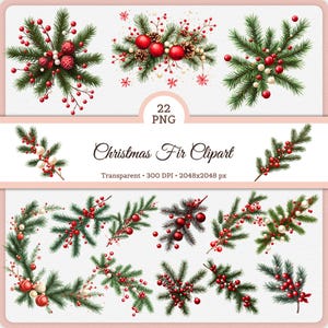 May include: A collection of Christmas fir clipart images. The designs feature green fir branches, red berries, white pearls, and red ornaments. The text "Christmas Fir Clipart" is displayed, along with "22 PNG" and image specifications.