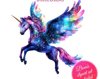 Kleurrijke eenhoorn sublimatie clipart | PNG-bundel fantasiepaard | Heldere aquarel eenhoornkunst voor kinderen, stickers en 4K-ontwerpen