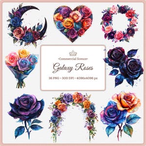 May include: A digital collection of galaxy-themed rose illustrations featuring a crescent moon, a heart shape, a wreath, a bouquet, and individual rose stems. The text reads Commercial licence Galaxy Roses 36 PNG 300 DPI 4096x4096 px.