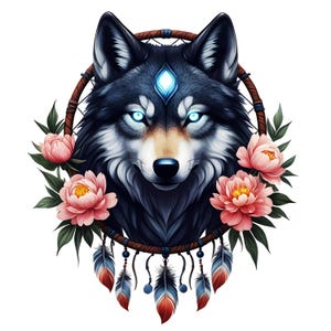 May include: A digital illustration of a wolf's head within a dreamcatcher design. The wolf has dark fur, glowing blue eyes, and a blue gem on its forehead. Pink peonies and feathers with red and blue accents surround the wolf.