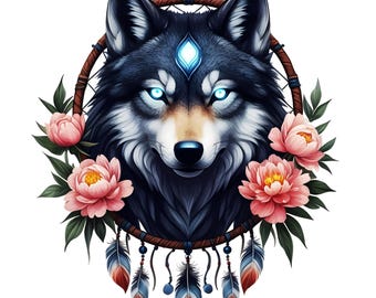 Mystical Wolf Dreamcatcher PNG Clipart Boho Peony Floral Sublimation Design Celestial Wolf Digital Art Printable Decor Glowing Runestone JPG