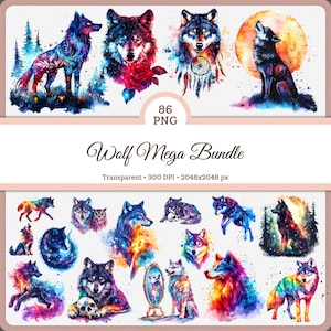 May include: A digital art bundle with watercolour illustrations of wolves in diverse poses and styles. The images display vibrant colours and intricate details, with some wolves set against celestial and natural backgrounds. The text "Wolf Mega Bundle" is also included.