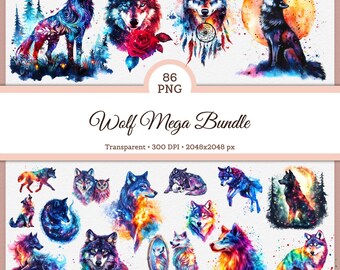 Galaxy Wolf Clipart Mega Bundle | 2K PNG Cute Wolf Art for Scrapbooking, Stickers, Planners, Crafts | Colorful Wolves Digital Download