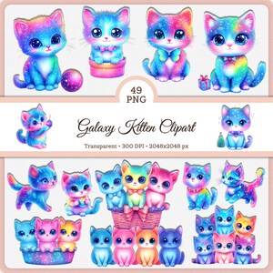 May include: A collection of 49 PNG galaxy kitten clipart images. The kittens are depicted in various poses and colors, including blue, pink, and purple, with a sparkling, galaxy-like effect. The text "Galaxy Kitten Clipart" is also visible.