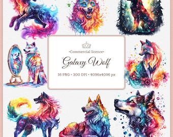Galaxy Wolf Clipart Bundle: Verträumte Himmlische PNG Bilder (Digitaler Download)