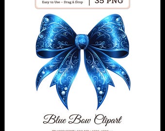 35 PNG Clipart di fiocchi blu, fiocchi con nastro glitterato, nastro festivo per le vacanze, fiocco blu scintillante per feste, grafica per sublimazione, uso commerciale 4K