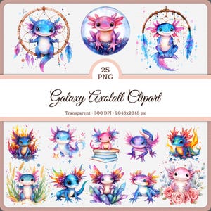 Galaxy Axolotl Clipart Bundle | 25 Cute Space Axolotls PNGs for Scrapbooking & Stickers | Kawaii Amphibian Digital Art 2K PNG Printable
