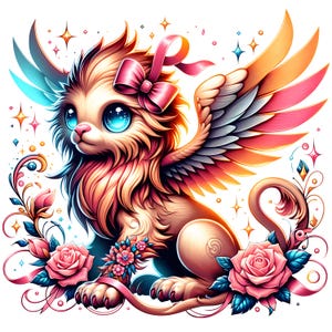 May include: A whimsical illustration of a griffin with large blue eyes, a pink bow, and colorful wings. The griffin is surrounded by pink roses and decorative floral elements, creating a fantasy theme.
