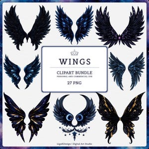 May include: A digital clipart bundle featuring various stylized wing designs in shades of blue, black, and gold. The image includes a central text box that reads "WINGS CLIPART BUNDLE PERSONAL AND COMMERCIAL USE 27 PNG".