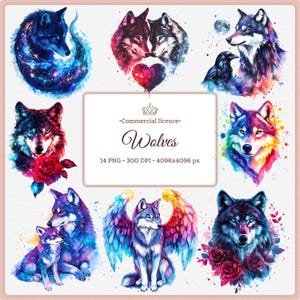 Könnte beinhalten: Eine Sammlung von Aquarell-Wolf-Illustrationen in verschiedenen Posen und Stilen. Die Bilder zeigen lebendige Farben, darunter Blau, Lila, Rot und Gelb, wobei einige Wölfe mit Flügeln oder von Rosen umgeben sind. Der Text lautet "Wolves" und "Commercial licence."