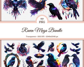 Pacote de Clipart de Corvo Galáctico | Conjunto de 77 PNGs de Corvo em Aquarela Colorido | Arte de Pássaro Místico e Fofo para Scrapbooking, Adesivos e Artesanato 2K