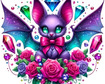 Glam Fledermaus Sublimation PNG Lila Gothic Fledermaus Clipart mit Rosen und Kristallen Süßer Halloween Tier Druck für T-Shirts & Tassen 4k