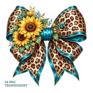 May include: A decorative bow featuring a leopard print pattern with a vibrant teal border. The center is adorned with two yellow sunflowers, green leaves, and small teal sprigs. The text 24 PNG TRANSPARENT is visible in the bottom left corner.