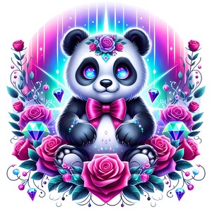 Celestial Panda with Roses PNG Clipart Fantasy Animal Sublimation Design Starry Night Panda Digital Art Printable Panda Decor Northern Light