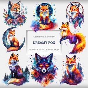 Könnte beinhalten: Ein Set mit 8 digitalen Illustrationen von Füchsen mit einem Galaxie-Design. Die Füchse sind in verschiedenen Posen dargestellt, darunter sitzend, stehend und gehend. Die Illustrationen sind in Aquarelltechnik mit leuchtenden Farben und Glitzerakzenten gemalt.