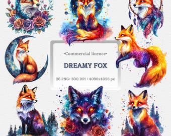 Galaxy Fox sublimatie clipart | Dromerige aquarel vos sublimatie png-bundel | Celestial Forest Animal Art, levendige magische boho