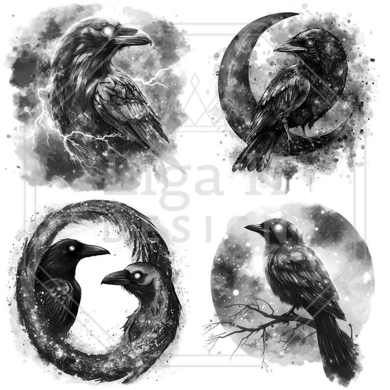 May include: Four black and white illustrations of ravens. One raven is surrounded by lightning, another sits on a crescent moon, a third is within a circular design, and the last is perched on a branch.