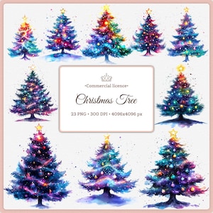 K&ouml;nnte beinhalten: Eine digitale Sammlung von zehn Aquarell-Weihnachtsbaum-Illustrationen in leuchtenden Blau-, Lila- und Rosat&ouml;nen mit leuchtendem Schmuck und goldenen Sternspitzen. Der zentrale Text lautet Commercial licence Christmas Tree 23 PNG 300 DPI 4096x4096 px.