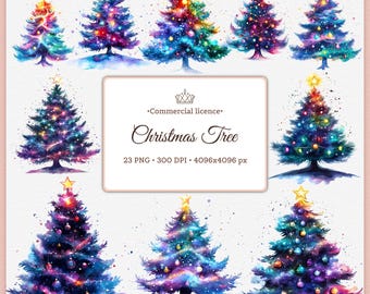 Watercolor Christmas Tree Clipart Bundle | Colorful Galaxy Holiday Trees PNG | Sublimation Art, Stickers, Printables, Commercial Use 4k