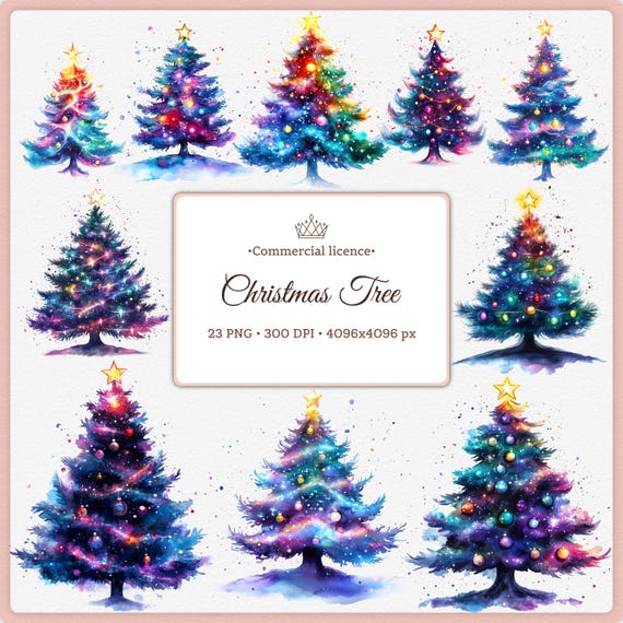 Watercolor Christmas Tree Clipart Bundle | Colorful Galaxy Holiday Trees PNG | Sublimation Art, Stickers, Printables, Commercial Use 4k