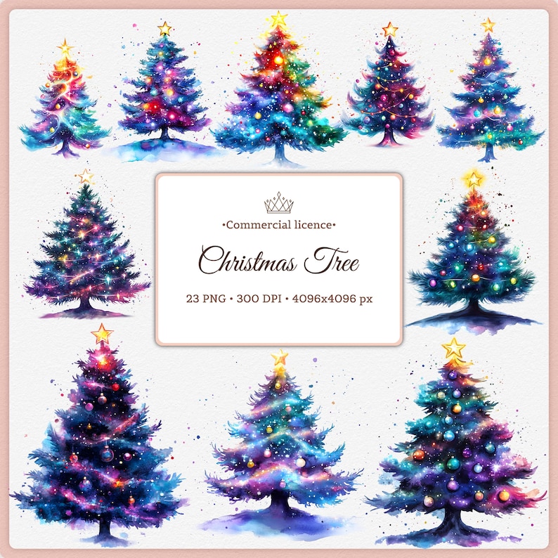 K&ouml;nnte beinhalten: Eine digitale Sammlung von zehn Aquarell-Weihnachtsbaum-Illustrationen in leuchtenden Blau-, Lila- und Rosat&ouml;nen mit leuchtendem Schmuck und goldenen Sternspitzen. Der zentrale Text lautet Commercial licence Christmas Tree 23 PNG 300 DPI 4096x4096 px.