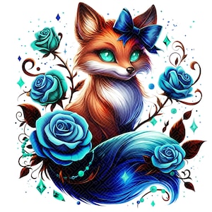 Whimsical Fantasy Fox Clipart PNG JPG Pink Blue Fox With Roses