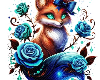 Whimsical Fantasy Fox Clipart PNG JPG Blue Fox with Roses Crystals Sublimation Dreamy Turqouise Galaxy Fox Art Neon Bright Vibrant 2K and 4K