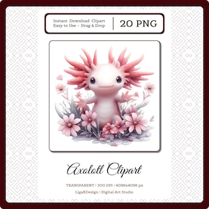 Pastellfärgad Axolotl Clipart Bundle Söt Blå och Rosa Husdjur PNG | Magisk Vattendjur Sublimeringskonst | Kawaii Amfibieklistermärke Chibi Axolotl Pack