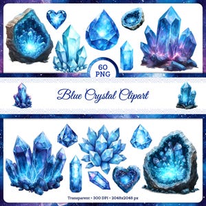May include: A collection of blue crystal clipart images in various shapes and sizes, including clusters, points, and heart-shaped designs. The text "Blue Crystal Clipart" is displayed in elegant script.