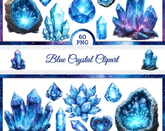 Puede incluir: Colección de imágenes prediseñadas de cristales azules en varias formas y tamaños, incluyendo racimos, puntas y diseños en forma de corazón. El texto "Blue Crystal Clipart" se muestra en una elegante escritura.
