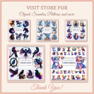 May include: An image featuring digital art prints of various fantasy creatures and animals. The prints include "Dreamy Horse," "Dragons II," "Dreamy Otter," "Dreamy Raven," and "Chibi Animals." The image also contains the text "Visit Store For Clipart, Seamless Patterns and more" and "Thank You!"
