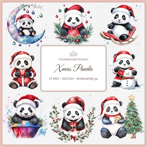 Lot de cliparts Panda de Noël PNG | Clipart animal mignon de Noël | Père Noël, traîneau lune et bonhomme de neige | Graphique commercial d'ours Winter Wonderland