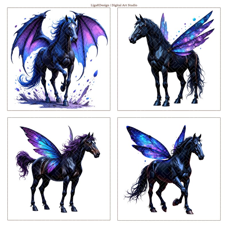 Dark Pegasus Clipart Bundle Greek Mythology Winged Horse PNG Fantasy ...