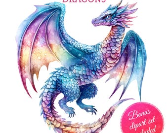 Kleurrijke drakensublimatie clipart | Fantasie aquarel draak png-bundel | Heldere mythische wezenskunst voor D&D, boeken 4K-ontwerpen