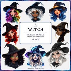 May include: A digital clipart bundle featuring illustrations of witches with various hair colors and styles, wearing black witch hats. The image includes the text "WITCH CLIPART BUNDLE PERSONAL AND COMMERCIAL USE 39 PNG".