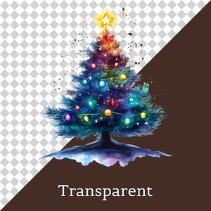 K&ouml;nnte beinhalten: Eine Aquarellillustration eines Weihnachtsbaums mit dunkelblauen und gr&uuml;nen Tannennadeln, geschm&uuml;ckt mit leuchtenden, bunten Ornamenten und einem hellen gelben Stern an der Spitze, akzentuiert durch lebhafte Farbspritzer und Lichteffekte.