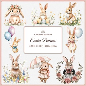 Easter Bunny PNG Bundle Cute Watercolor Bunnies with Balloon Flower Eggs Pastel Spring Rabbit Clipart for Baby Shower Easter Crafts Adorable